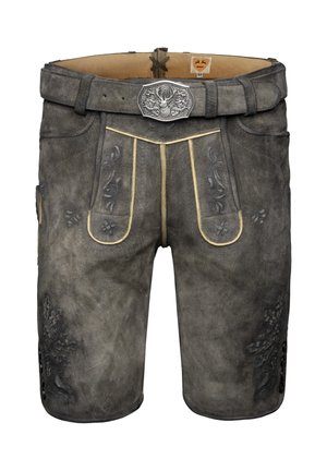 Shorts en cuir gris foncé avec coutures jaunes, ornés de motifs floraux, poches latérales et une boucle de ceinture décorative avec un motif de cerf.