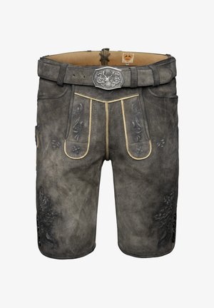 Shorts en cuir gris foncé avec coutures jaunes, ornés de motifs floraux, poches latérales et une boucle de ceinture décorative avec un motif de cerf.
