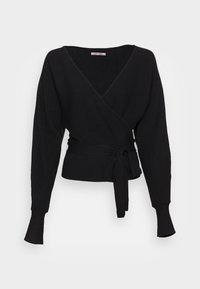 Svart omslagströja i texturerad tyg, med långa ärmar, knyt i midjan och djup v-ringning. Detaljer inkluderar ribbade ärmslut.