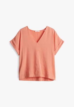 Peach v-neck short-sleeve top with a relaxed fit and subtle texture. Simple design with rolled sleeves and a straight hem.