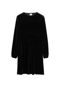 Schwarzes Samtkleid mit langen Ärmeln, rundem Ausschnitt und gerafftem Bund, das eine weiche Textur und subtilen Schimmer aufweist.