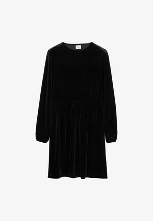 Schwarzes Samtkleid mit langen Ärmeln, rundem Ausschnitt und gerafftem Bund, das eine weiche Textur und subtilen Schimmer aufweist.