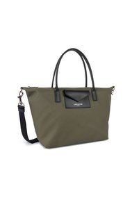 Borsa tote verde oliva con dettagli in pelle nera, forma strutturata, doppio manico, tracolla regolabile e tasca frontale con patta.