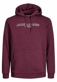 Sudadera con capucha color granate con un bolsillo tipo canguro en la parte frontal, capucha con cordones y el logo "JACK & JONES" en blanco en el pecho. Fabricada con material de algodón suave.