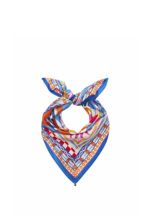 Foulard carré en soie avec bordure bleue, motifs géométriques et abstraits multicolores, noué en un nœud au sommet.