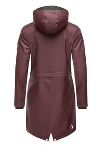 Maroon waterproof jacket with a hood, cinched waist, thumbhole cuffs, and snap closure at hem; smooth texture and logo detail on collar.