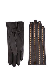 Gants en cuir noir, l'un avec un poignet élastique et une texture lisse, l'autre présentant des coutures contrastantes en tan dans des lignes verticales.