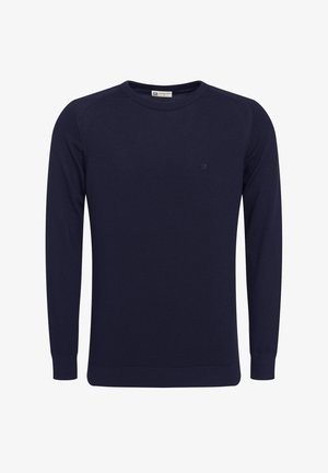 Marineblauer Strickpullover mit langen Ärmeln, Rundhalsausschnitt und kleinem Logo auf der linken Brust; glatte Textur und taillierte Passform.