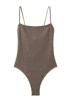 Body de punto marrón texturizado con tirantes finos estilo espagueti y escote recto.