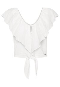Top bianco corto con ampio collo arricciato, dettaglio con lacci frontali e una sottile texture a righe. Chiusura con bottoni nella parte posteriore.