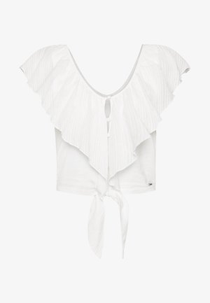 White cropped top featuring a wide, ruffled neckline, front tie detail, and a subtle striped texture. Button closure at the back.