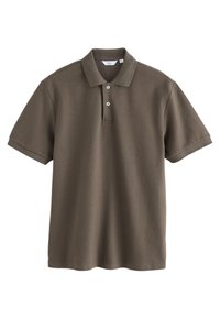Camisa polo marrón de manga corta con dos botones blancos y un cuello doblado, expuesta plana sobre un fondo blanco.
