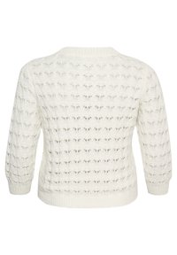 Weißer Strickpullover mit einem Lochmuster-Design, dreiviertellangen Ärmeln sowie gerippten Bündchen und Saum. Texturiertes, leichtes Material.