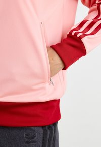 Mano in tasca di una giacca a track rosa e rossa di Adidas indossata con pantaloni grigi scuri di Adidas con righe e logo.