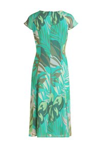 Midi sukienka w zielony tropikalny wzór, z krótkimi rękawami i zapięciem na zamek z tyłu.