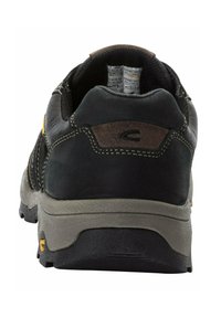 Black and gray hiking shoe with a suede and mesh upper, rounded shape, rubber sole, and yellow accents at the base.