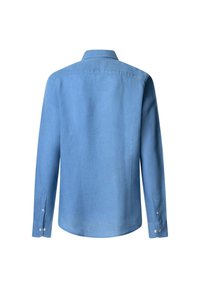 Camicia a maniche lunghe di lino blu chiaro, con colletto alla francese, orlo arrotondato e polsini con bottoni. La vista posteriore non presenta fantasie.