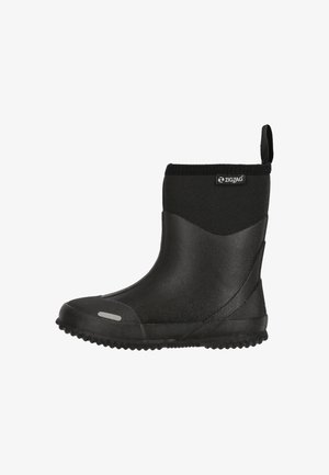 Schwarze wasserdichte Knöchelstiefel mit einem glatten Gummigehäuse, strukturiertem Obermaterial und einer flexiblen Außensohle mit Grippattern. Zickzack-Logo an der Seite.