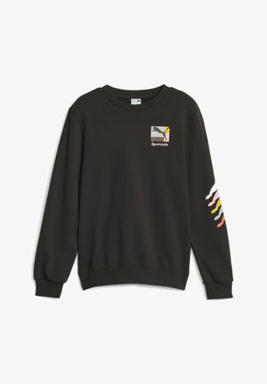 Sort Puma Sportstyle sweatshirt med lange ærmer, ribkant ved manchetter, rund halsudskæring, lille multifarvet Puma-logo på brystet og farverige bølgeformede striber på højre ærme.