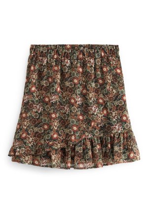 Jupe portefeuille à imprimé floral avec ourlet à volants en tons vert foncé, marron et beige, dotée d'une taille élastique et d'un design en tissu superposé.