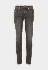 Tmavě šedé džíny vyrobené z denimu, s klasickým designem pěti kapes, rovného střihu a jemným vyblednutím látky.