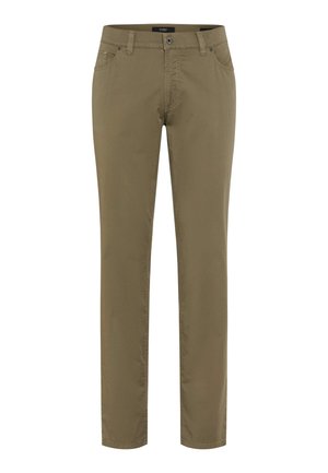 Herren-Hose mit geradem Schnitt in Olivgrün, ausgestattet mit vorderer Knopf- und Reißverschluss, Gürtelschlaufen sowie Vorder- und Gesäßtaschen.