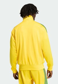 Giacca sportiva gialla con collo alto, polsini e orlo inferiore a costine. Presenta strisce laterali verdi lungo le maniche e una texture liscia.