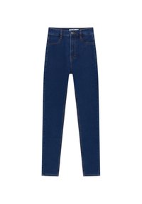 Jeans taille haute bleu foncé à coupe slim, avec cinq poches, couture subtile et fermeture par bouton à la taille.