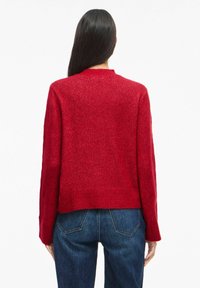 Žena s dugom tamnom kosom koja nosi crveni pleteni džemper i plave traperice, prikazana s leđa na bijeloj pozadini.