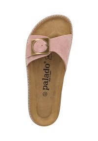 Roze corduroy instapsandalen met een gouden ronde gesp. Gevoerde bruine zool. Getextureerde bovenkant met gestikte details langs de randen.