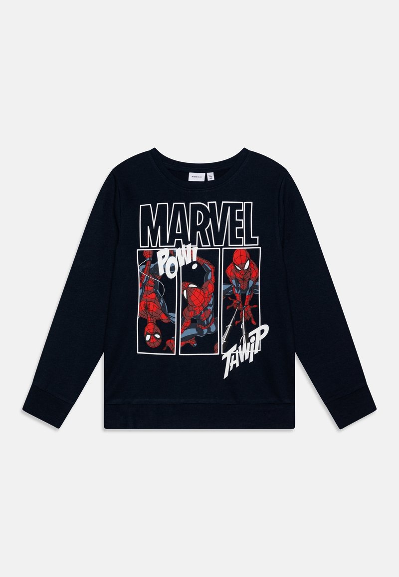 Chemise noire à manches longues avec trois vignettes de bande dessinée Spider-Man, texte "MARVEL" au-dessus, et effets sonores "Pow!" et "Tawwip" sur le devant.