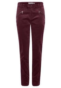 Burgundské kordové nohavice so slim fit strihom, s manžetovými vreckami na zips a klasickým zapínaním na gombík. Hladká textúra s vertikálnymi ryhami.