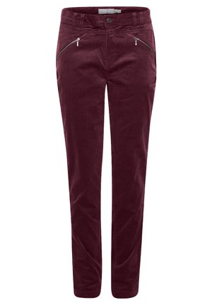 Bordeaux kordfløjlsbukser med slim fit, der har sølvfarvede lynlås lommer og klassisk knaplukning. Glat tekstur med lodrette ribber.
