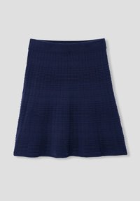 Jupe en maille bleu marine avec un motif à carreaux texturé, une taille ajustée et une silhouette évasée, adaptée à diverses occasions.