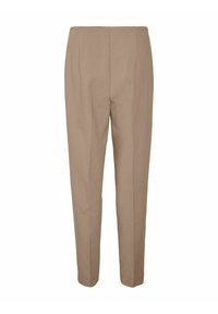 Beige kalhoty na míru s rovnými nohavicemi, které mají hladkou texturu a vyžehlené záhyby. Jednoduchý design pásu bez viditelných kapes.
