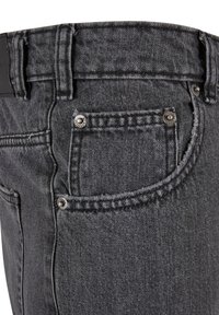 Mørkegrå denimjeans med et klassisk fem-lomme design, synlig syning og metalhardware-detaljer på lommerne.
