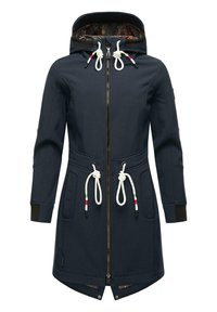 Navy blue coat with a zip front, drawstring hood, two large pockets, and elastic trims. Features a colorful patterned inner lining.