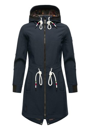 Navy blue coat with a zip front, drawstring hood, two large pockets, and elastic trims. Features a colorful patterned inner lining.