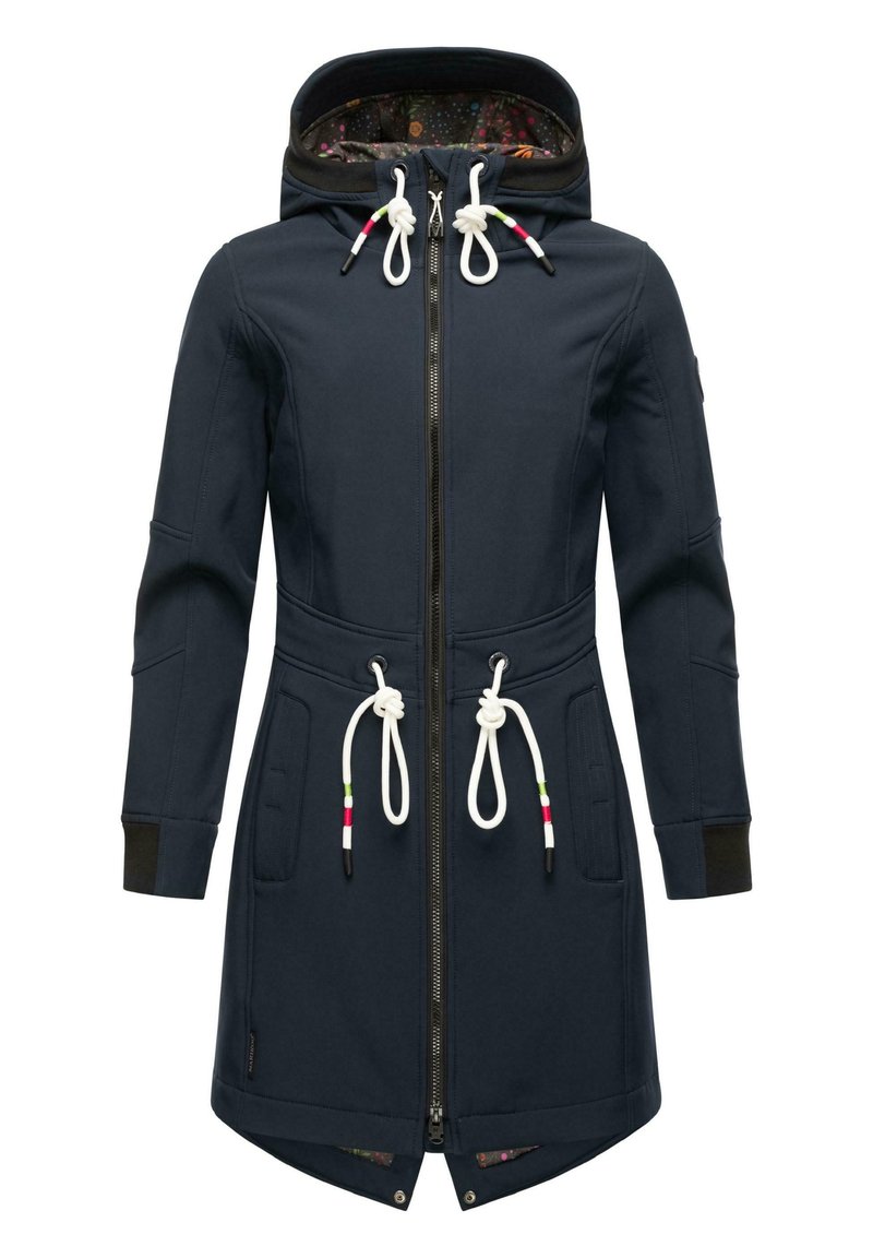 Navy blue coat with a zip front, drawstring hood, two large pockets, and elastic trims. Features a colorful patterned inner lining.