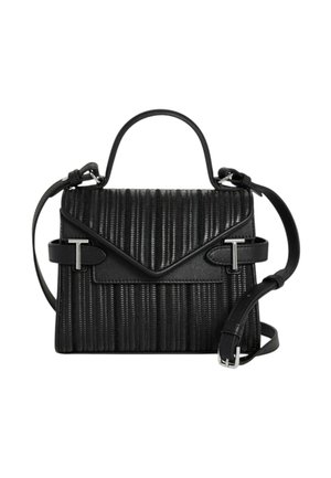 Black textured leather handbag with top handle, front flap, silver T-shaped buckle details, and an adjustable shoulder strap.