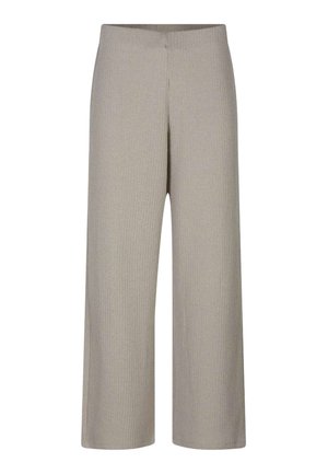 Pantalon en maille à jambes larges couleur beige clair avec une taille haute et une texture côtelée subtile, présenté sur fond blanc.