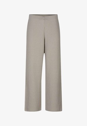 Pantalon en maille à jambes larges couleur beige clair avec une taille haute et une texture côtelée subtile, présenté sur fond blanc.