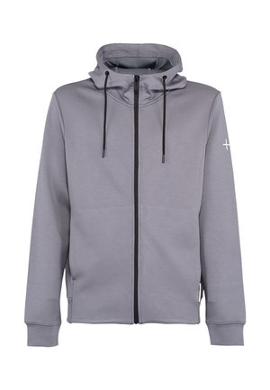 Grijze zip-up hoodie met zwarte trekkoorden, voorzakken en een klein wit kruislogo op de linkermouw.