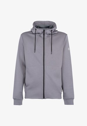 Sweat à capuche gris zippé avec cordons noirs, poches avant et petit logo croix blanc sur la manche gauche.