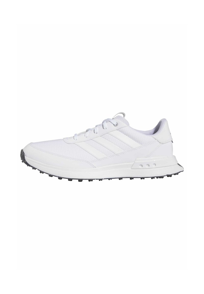 White athletic shoe with a mesh upper, three horizontal stripes, rounded toe, and a textured black rubber outsole. Low-profile design.