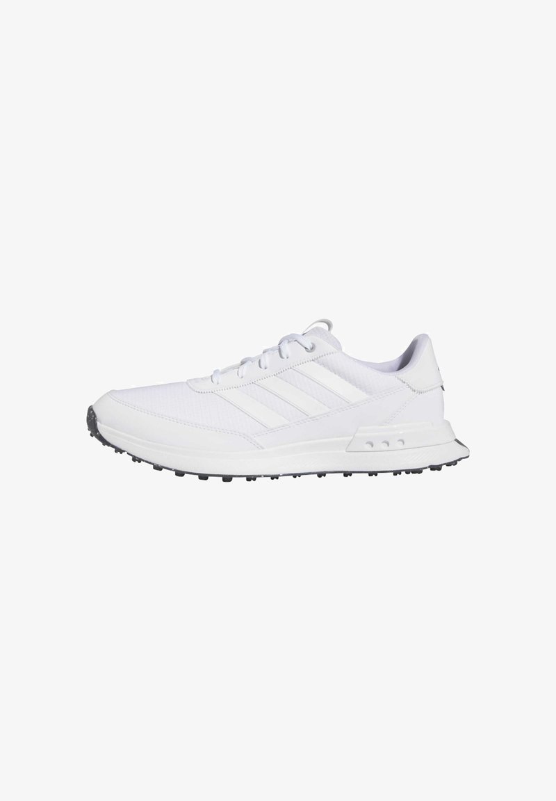 White athletic shoe with a mesh upper, three horizontal stripes, rounded toe, and a textured black rubber outsole. Low-profile design.