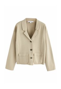 Béžový blazer s dlouhým rukávem, s vykrojeným límcem, dvěma předními kapsami a čtyřmi tmavými knoflíky. Textura vypadá tkaná nebo pletená.