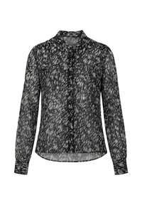 Blouse à manches longues en noir et blanc à motifs, avec un devant boutonné, un col classique et un tissu léger et transparent.