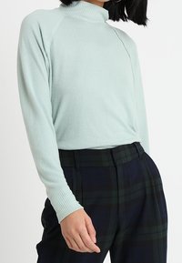 Licht mintgroen turtlenecktrui met een zachte textuur, raglanmouwen en geribbelde manchetten, gecombineerd met donker geruite broeken.