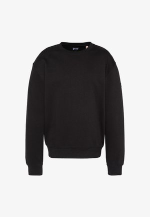 Sudadera negra de tela mezclada con algodón, con cuello redondo, mangas largas, puños acanalados y un dobladillo ligeramente corto.